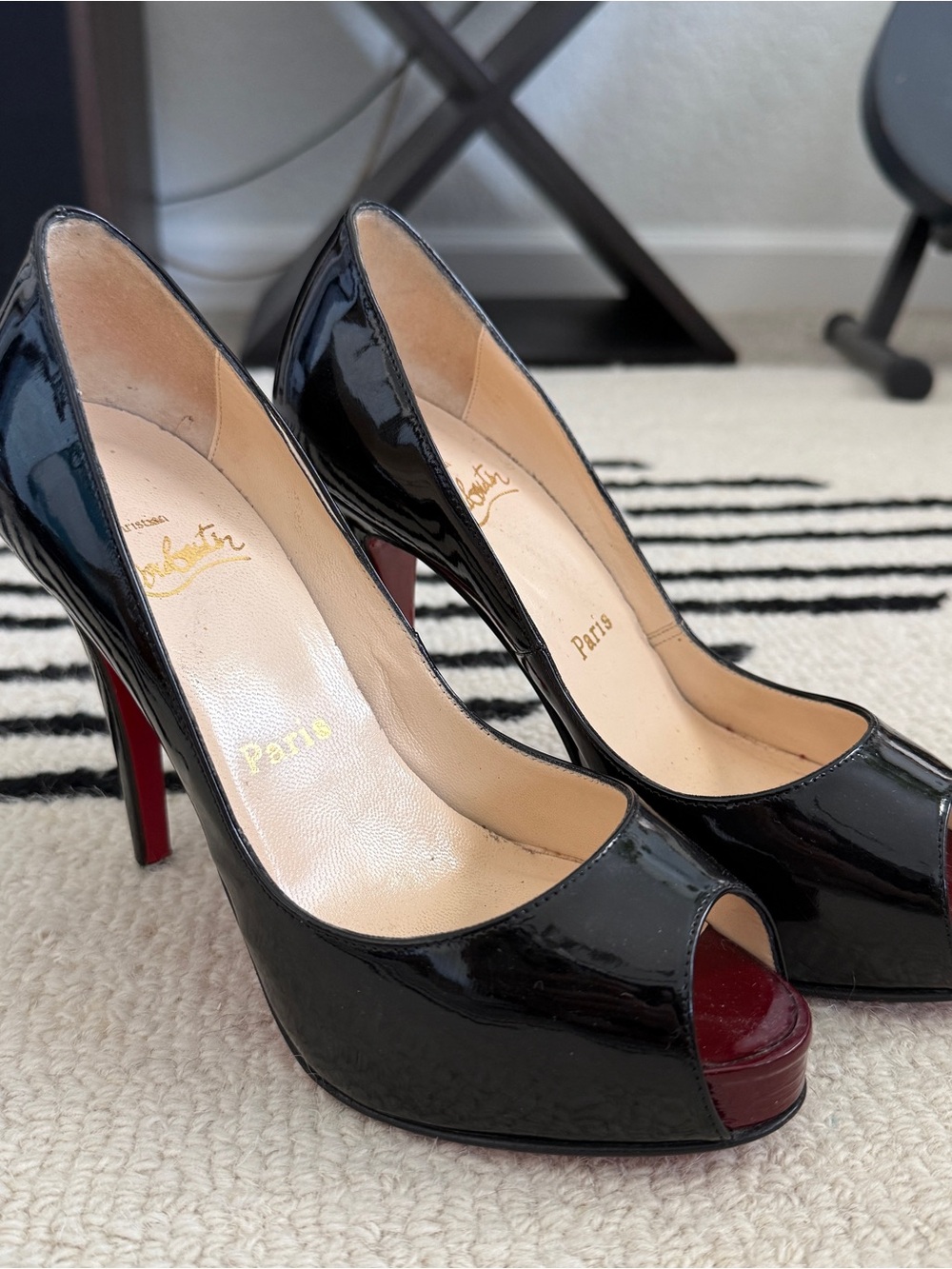 Christian Louboutin New Prive Black Patent Peep-Toe Pumps